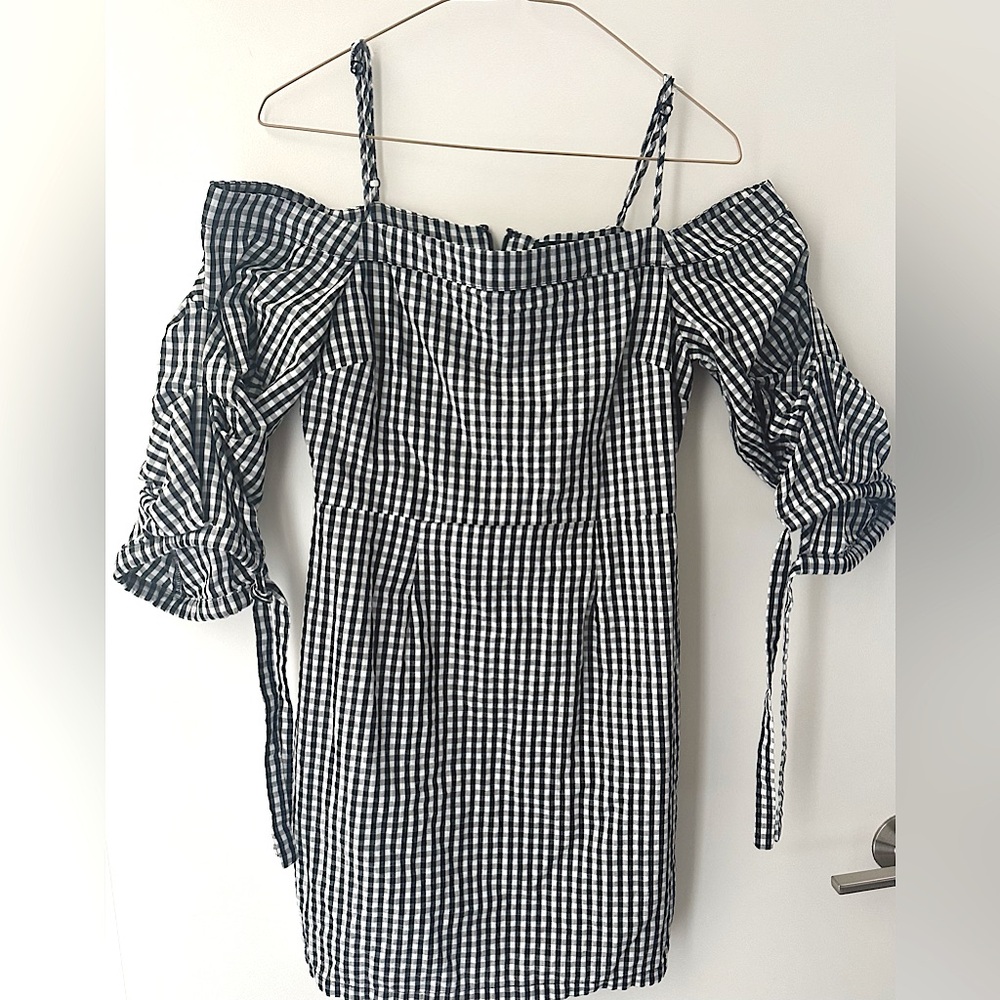 Black and white checked off the shoulder short summer dress